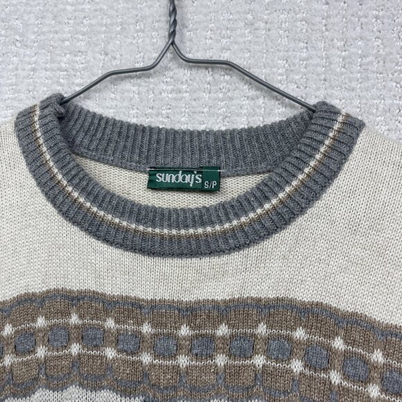 VTG Sunday's Men S Sweater Off-White / Green 3D Knit Wool Blend Canada Made - Picture 6 of 15